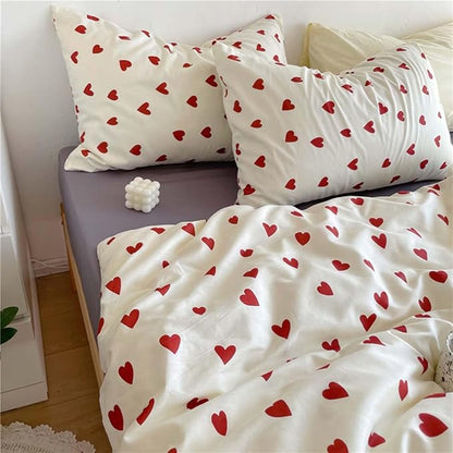 Nayoroom Heart Duvet Cover Queen Size Cute Red Love Heart Printed on White Bedding Set 3Pcs Kids Girls Kawaii Heart-Shaped Pattern Comforter Cover with Zipper Closure Soft Breathable Microfiber