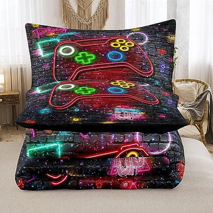 NINENINE Full Size Bedding Sets for Boys 5PCS Gaming Bedding Sets for Boys Bed in A Bag Gaming Comforter Sets (1Comforter, 1Flat Sheet, 1Fitted Sheet, 2Pillowcases)…