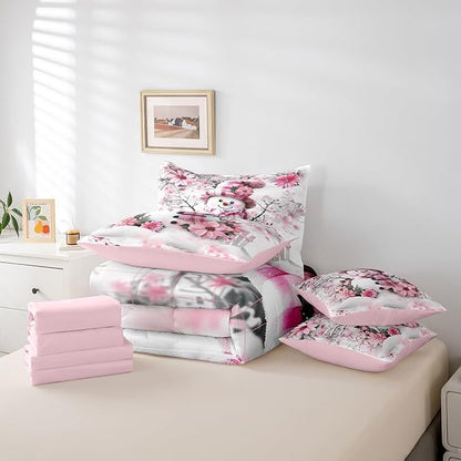 Winter Snowman Comforter Set 7 Pieces,Rustic Cherry Blossom Trees Botanical Bed Set,Farmhouse Decor Bedding Bed in a Bag,Queen (1 Comforter,2 Pillowcase,2 Pillow Covers,1 Flat Sheet,1 Fitted Sheet)