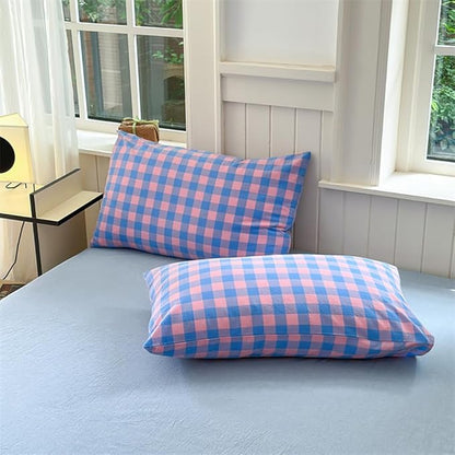 FACE TWO FACE Bedding Duvet Cover Set100% Washed Cotton Duvet Cover Linen Like Textured Breathable Durable Soft Comfy (California King, Blue Purple Grid)