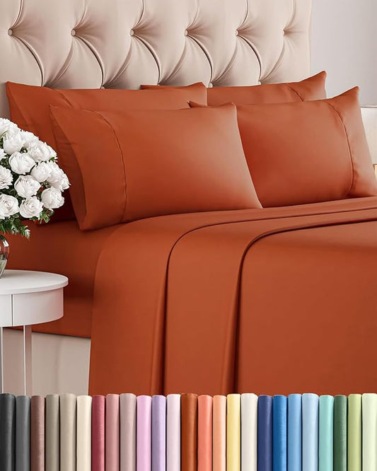 Cal King 6 Piece Sheet Set - Comfy Breathable & Cooling - Soft Hotel Luxury Bedding Set with 8-16 Inch Deep Pockets - 1 Flat & 1 Fitted Sheet & 4 Pillowcases - Wrinkle Free & Easy Care - Terracotta