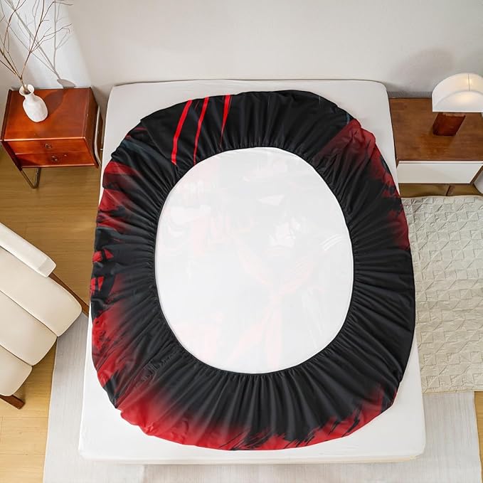 Erosebridal Japanese Anime Bedding Set for Kids, Anime Girl Fitted Sheet Twin Size Japanese Girl Bed Sheets for Girls Teens Adult, Kawaii Animation Red Black Sheets, Machine Washable