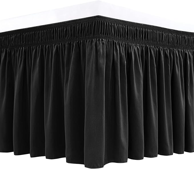 Biscaynebay Wrap Around Bed Skirts for Queen Beds 19" Long Drop, Black Adjustable Elastic Dust Ruffles Easy Fit Wrinkle & Fade Resistant Silky Luxurious Fabric Solid Machine Washable
