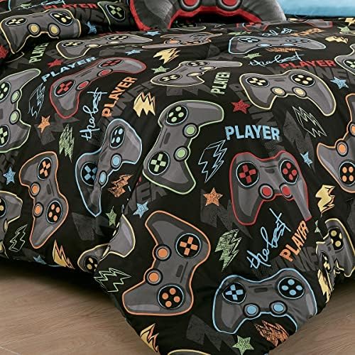 Gray Blue Color Gaming Full Size 5 Piece Comforter Set for Gamer Video Games player Bedding for Teen, Bedding for all seasons, Plush Controller Pillow, fitted sheet and pillow sham Included (Full)