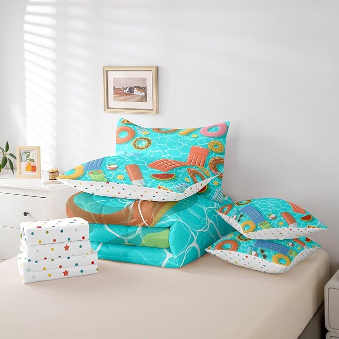 Swimming Pool Bedding Sets Watermelon Fruit Decor Summer Theme Comforter Set for Kids Teens Adults Bed in a Bag(Comforter Flat Sheet Fitted Sheet 2 Pillowcases 2 Throw Pillow Covers) 7 Pcs King