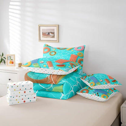 7 Pcs Swimming Pool Bedding Sets Cartoon Colorful Swimming Rings Comforter Set for Kids Teens Adults All Season (Comforter Flat Sheet Fitted Sheet 2 Pillowcases 2 Throw Pillow Covers) Queen