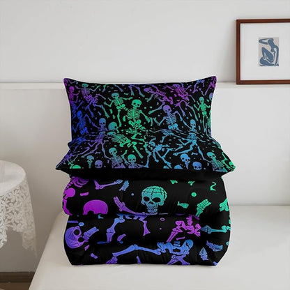 Sugar Skull Comforter Set Halloween Bedding Set Queen Size Green Blue Purple Ombre Down Comforter For Kids Boys Girls Skeleton Bones Quilted Duvet Warm Soft Horror Theme Bedroom Decor 3Pcs