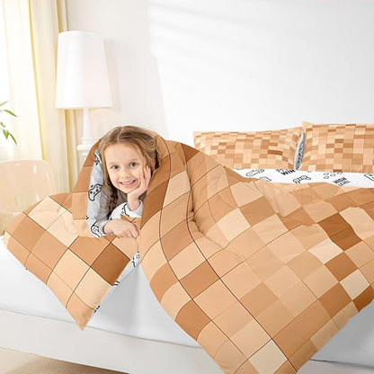 Pixelated Miners Blocks Kids Bedding Set King Size,Patchwork Square Video Games Comforter Set,Geometric Patchwork Grid Quilt Comforter,Light Brown Bedroom Duvet Insert,2 Pillowcases