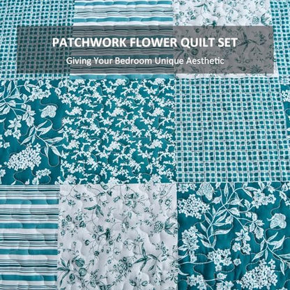 Mybedsoul Boho Quilt King Size, Patchwork Floral Bedding Set, Teal Blue