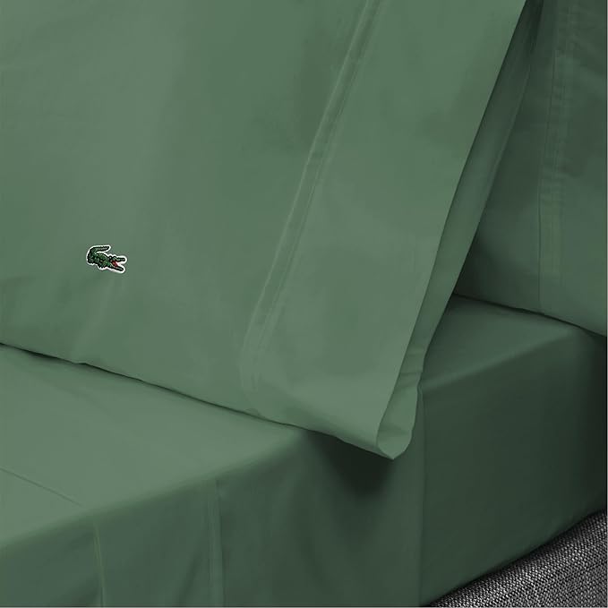 Lacoste 100% Cotton Percale 4-Piece Sheet Set – Cool, Crisp, Matte, and Durable, Oeko-Tex Certified – Solid, Green, Full