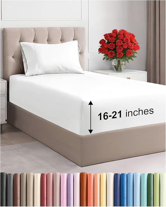 Extra Deep Pocket Twin Size Sheet Set - 3 Piece Breathable & Cooling Bed Sheets - Hotel Luxury Bedding with 16 to 21 inch Extra Deep Pockets - Ultra-Soft, Fade & Wrinkle Resistant - Oeko-Tex - White
