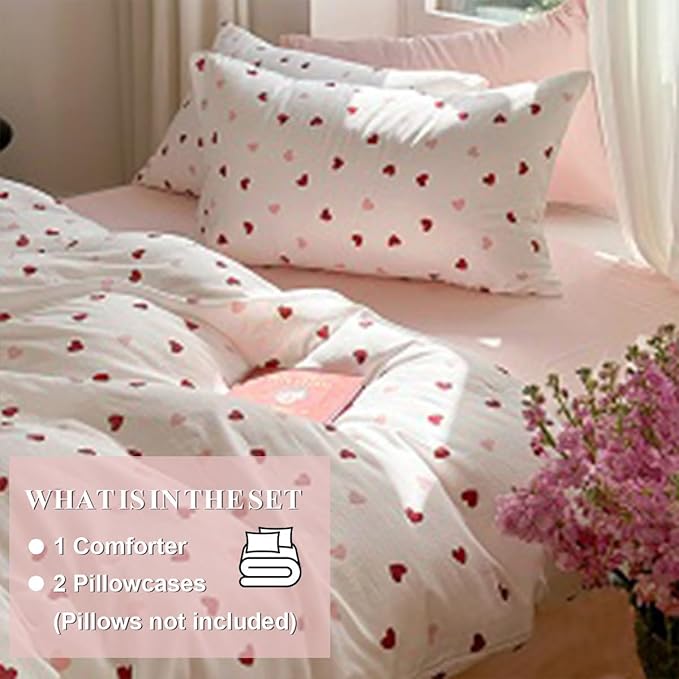 Girls Comforter Set Full Size - 3 Pieces Red Pink Heart Comforter Bedding Sets for Kids,Full Bed in a Bag with Heart Comforter and 2 Pillowcases