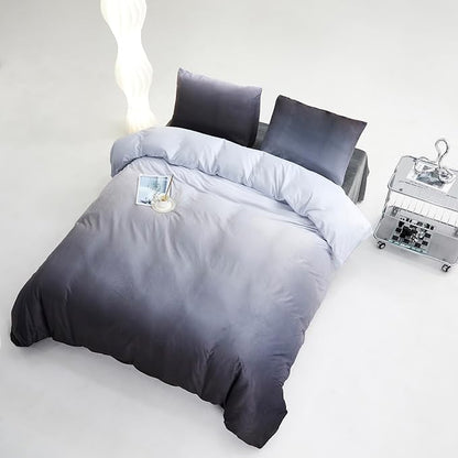 CLOTHKNOW Grey White Velvet King Size Comforter Set Gradient Gray Bedding Comforter Sets Soft Silver Comforter with 2 x Pillow Cases