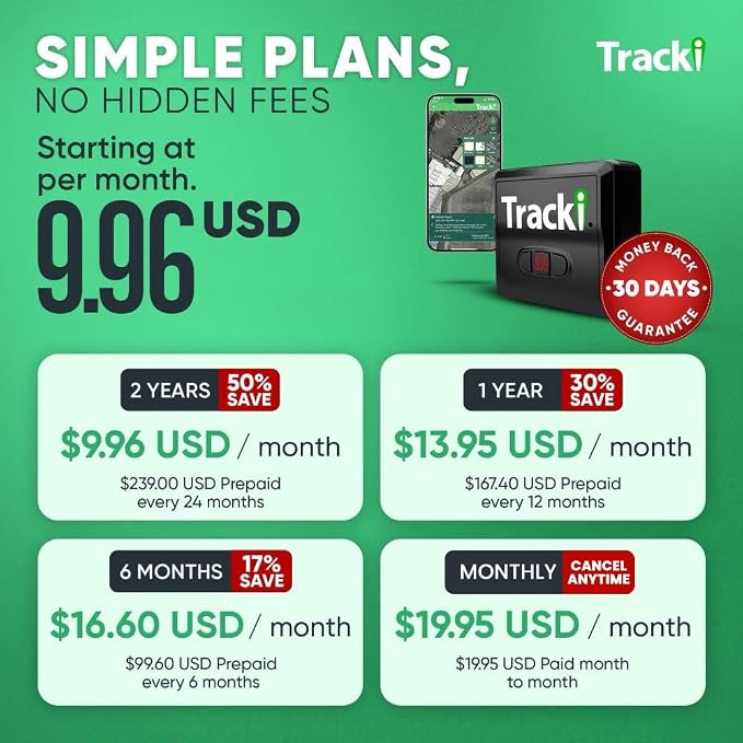 Tracki Mini GPS Tracker, Subscription Required, Cancel Anytime – Universal Compact 4G LTE Tracker for Vehicles (Tracker + 6M Subs.)