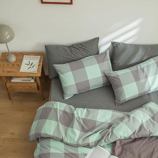 FACE TWO FACE Bedding Duvet Cover Set100% Washed Cotton Duvet Cover Linen Like Textured Breathable Durable Soft Comfy (Twin, Light Green Grid)