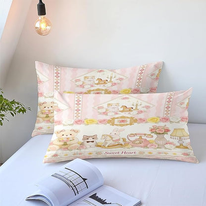 Women 3-Piece Cartoon Pink Bunny Comforter Set, Girls Sweet Home Bedding Sets King Size, Pink Flowers Bedding Sets, Includes 1 Comforter 104"x90" and 2 Pillowcases
