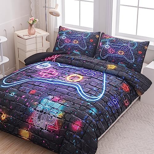 NINENINE Gaming Bedding Sets for Boys 5PCS Full Size Gaming Comforter Bed in A Bag Kids Teens Gaming Comforter Sets (1Comforter, 1Flat Sheet, 1Fitted Sheet, 2Pillowcases)