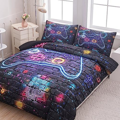 NINENINE Gaming Bedding Sets for Boys 5PCS Full Size Gaming Comforter Bed in A Bag Kids Teens Gaming Comforter Sets (1Comforter, 1Flat Sheet, 1Fitted Sheet, 2Pillowcases)
