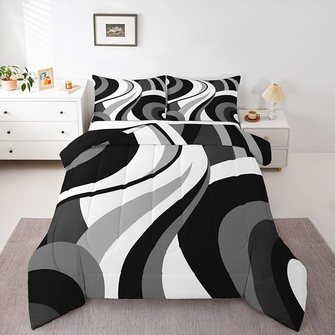Gray Black White Spiral Toddler Comforter for Adult Women Men Modern Swirls Stripes Abstract Bedding Set for Minimalists Boho Aesthetic Geometric Bed Sets Graffiti Art Lines Quilt Sets