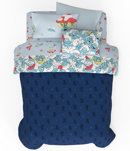 The Smurfs Kids Bedding Super Soft & Cozy Reverisble Microfiber Comforter and Sheet Set with Sham, 7 Piece Full Size, (Officially Licensed Product) By Franco