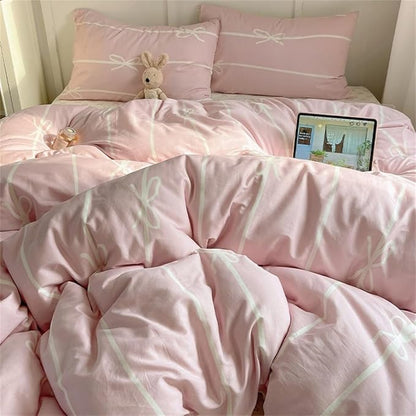 Nayoroom Pink Bow Duvet Cover Queen Size Kids Girls Cute Coquette Bedding Set 3 Pcs Soft Microfiber Reversible White Striped Comforter Cover Gifts for Women