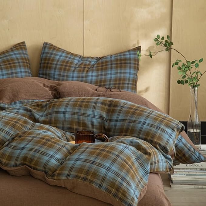 Vintage Blue&Brown Plaid Duvet Cover Queen 100% Cotton Muslin Duvet Cover Retro Plaid Gingham Checkered Comforter Cover with 2 Pillowcases Breathable Linen Like Gauze Farmhouse Grid Bedding Set