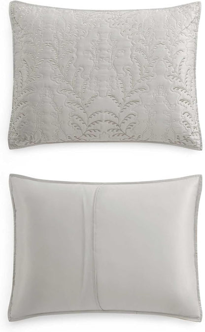 Martha Stewart - Queen Size Quilt Set, Soft & Smooth Sateen Bedding with a Light and Breathable Feel, 3 Piece Bed Set with Matching Pillowcases (Fern Embroidery Grey)