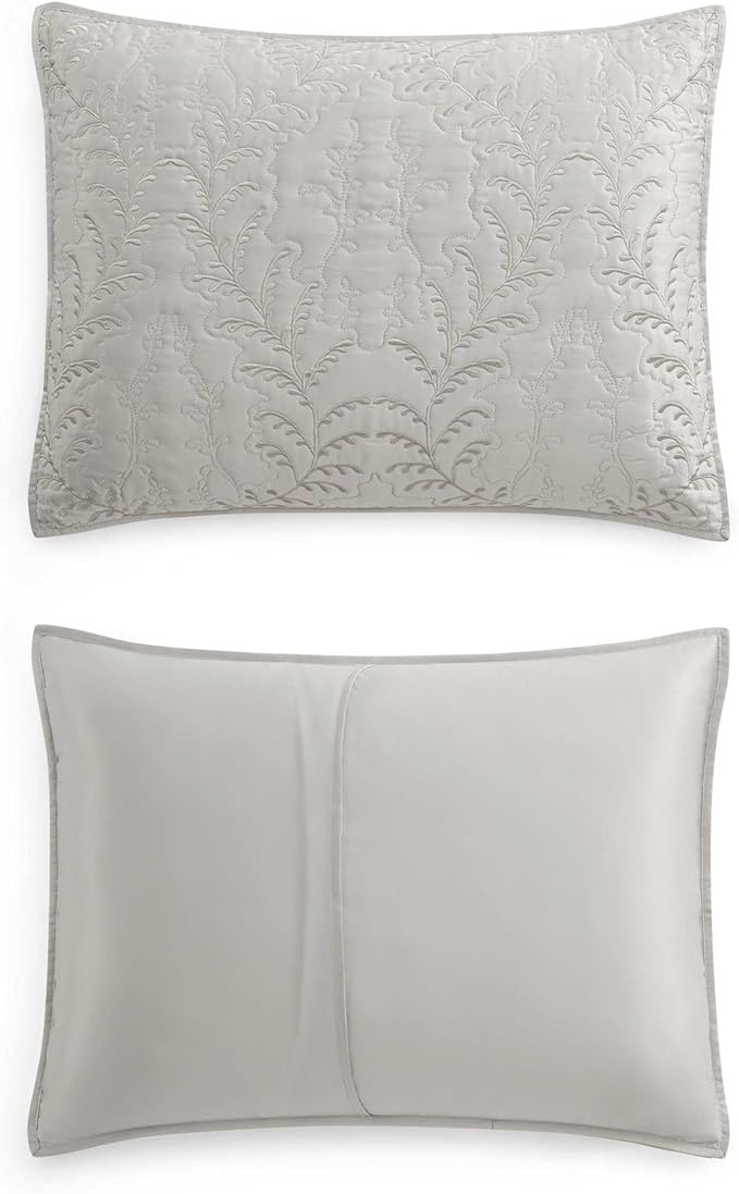 Martha Stewart - King Size Quilt Set, Soft & Smooth Sateen Bedding with a Light and Breathable Feel, 3 Piece Bed Set with Matching Pillowcases (Fern Embroidery Grey)