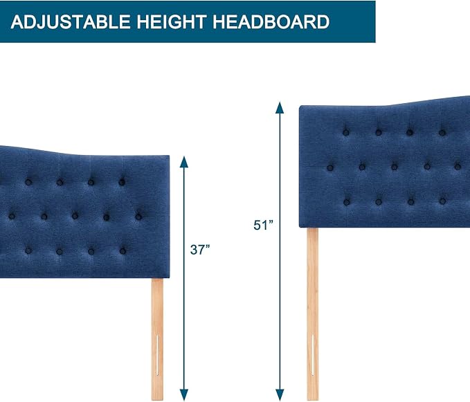 Tufted Headboard King Size, Solid Wood Adjustable Height Head Board, Blue | Upholstered King Headboard Only with Durable Solid Wood Legs, Adjustable Height 37-51 in, Fabric Button Diamond HeadBoards