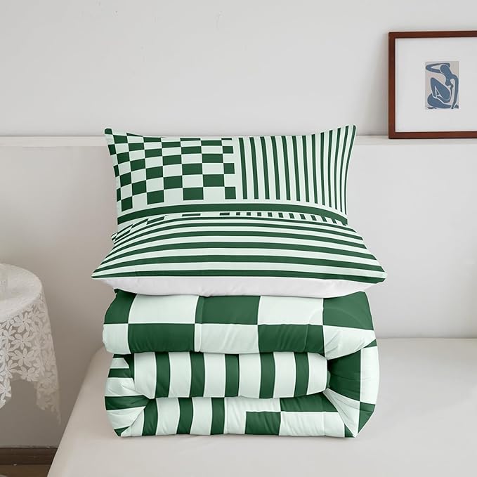 Green Plaid Comforter Set Fashion Buffalo Check Bedding Set Green Stripes Geometric Bedding Home Decor Modern Simple Style Comforter Twin Size Quilted Duvet Set 1 Comforter with 1 Pillowcase