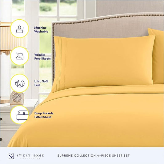 RV Queen Bed Sheets - Breathable Luxury Sheets with Full Elastic & Secure Corner Straps Built In - 1800 Supreme Collection Extra Soft Deep Pocket Bedding Set, Sheet Set, RV Short Queen, Yellow