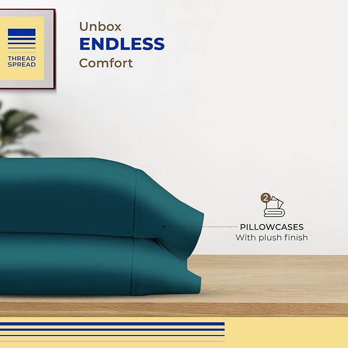 Thread Spread 100% Egyptian Cotton King Size Pillow Cases Set of 2 - Luxury 600 Series Bliss Collection Pillow Cases King Size (Teal), Soft Cooling Hotel Cotton Pillowcases, Sateen Finish