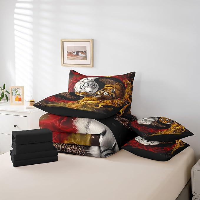 Feelyou Tiger Comforter Set 7 Pieces King Size Yin Yang Boho Trippy Bedding Set for Boys Girls Wildlife Bed in a Bag with Comforter, Sheets, Pillowcases & Cushion Covers