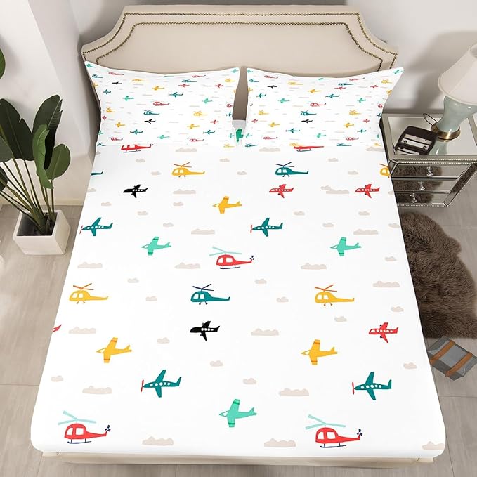 Kids Aircraft Bed Sheets Set Watercolor Transportation Vehicles Fitted Sheet Boys Airplanes Bedding Set Bedroom Decor Colorful Helicopter Sheet (Queen Flat Sheet & Fitted Sheet & 2 Pillow Case)