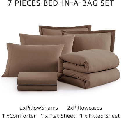 WRENSONGE Full Size Comforter Sets, 7 Pieces Soft Brown Bed in a Bag with Fitted Sheet, Flat Sheet, 2 Pillow Shams, 2 Pillowcases, Warm Bedding Sets for All Season