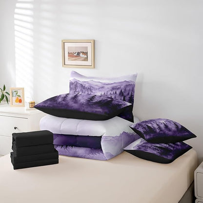 Erosebridal Purple Forest 7 Piece Comforter Set Full,Rustic Woodland Pine Tree Bedding Set with Sheets,Jungle Smoky Mountain Bed in A Bag for Adults Women Men Retro Natural Landscape Bed Set