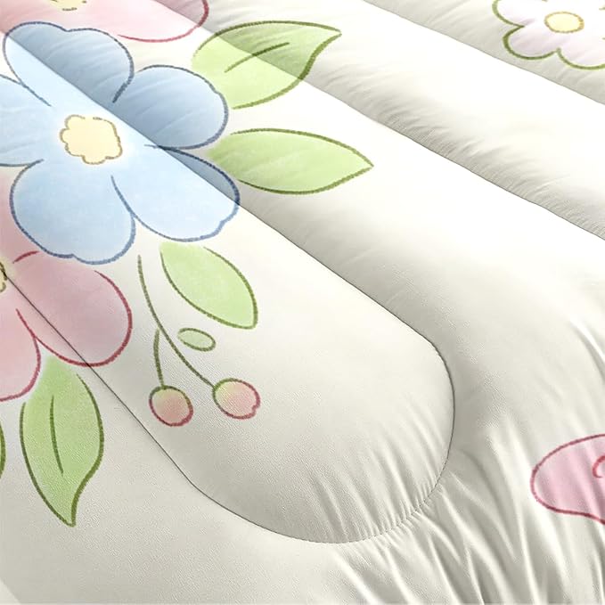 3Pcs Cartoon White Botanical Floral Comforter Set for Girls, Flowers Leaves Bedding Set King Size for All Seasons with 1 Comforter (104" x 90"), 2 Pillowcases