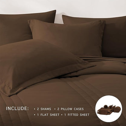 Monbix Queen Comforter Set - 7 Pieces Chocolate Brown Bed in a Bag Queen Size Bedding Sets with Comforters, All Seasons Comforter with Sheets, Pillowcases & Shams