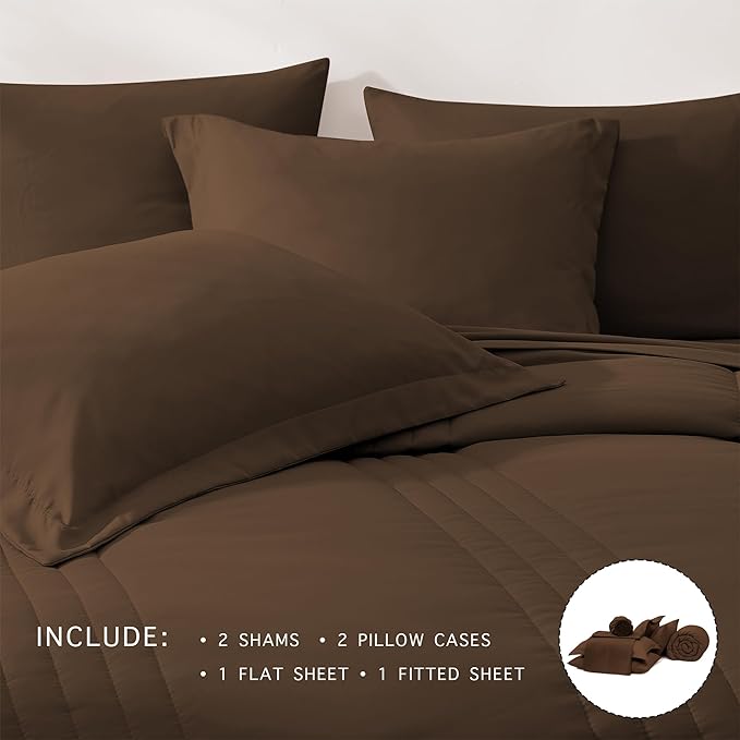 Monbix Full Comforter Set - 7 Pieces Chocolate Brown Bed in a Bag Full Size Bedding Sets with Comforters, All Seasons Comforter with Sheets, Pillowcases & Shams