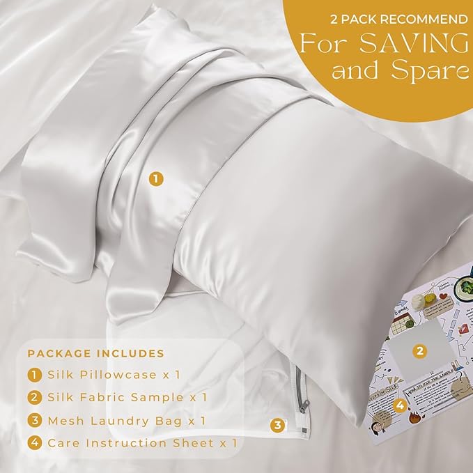 PROMEED 100% Mulberry Silk Pillowcase King for Hair and Skin with Zipper, Both Sides 23 Momme Pure Silk Pillow Case, Grade 6A+ Silk (King 20"x36", Light Grey)