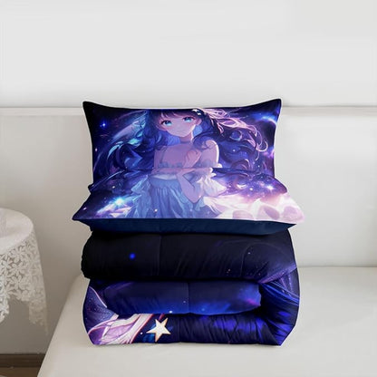 Erosebridal Anime Girls Bedding Anime Gifts Comforter Set for Kids Purple 3D Galaxy Printing Bedding Sets, Cartoon Long Curly Hair Girly Printed Comforter Kids Kawaii Japanese Girl Bed Set, King