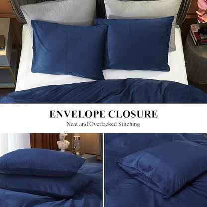 Ivellow Velvet Duvet Cover King Size 3 Pcs Flannel Navy Blue Duvet Cover King Velvet Comforter Cover Bedding Set Ultra Soft Cozy Solid Luxury Velour Duvet Cover Set Zipper Closure Corner Ties