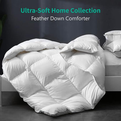 APSMILE Luxury All Season Down Feather Fibers Comforter Full/Queen Size Duvet Insert - 100% Organic Cotton, High Fill Power Medium Warmth, (Ivory White, 90X90)