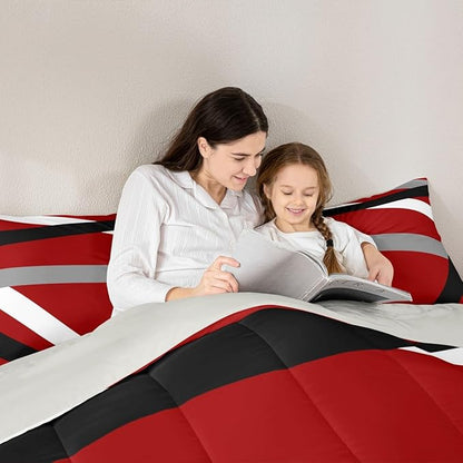 Erosebridal Red Gray Black Striped Twin Bedding Sets for Adult Women Men Modern Abstract Comforter Set Geometric Lines Quilt Duvet Set Aesthetic Boho Bedding Collections