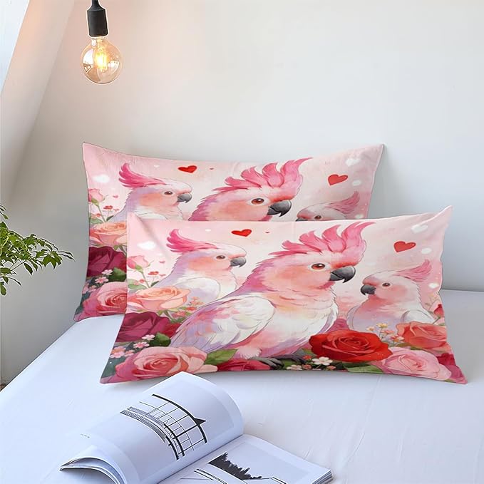 Women Girls Romantic Parrot Comforter Set, Twin Size 2-Piece Pink Roses Comforter Sets, 1 Comforter 68"x 90", 1 Pillowcase, Soft Microfiber