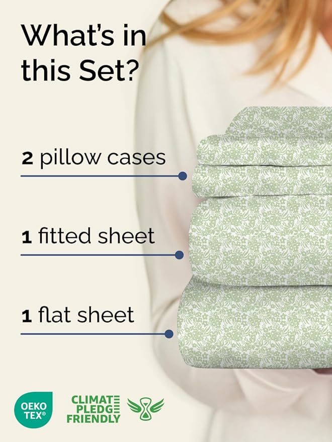 Floral Sheets - Green Flower Bed Sheet Set - 1 Flat, 1 Fitted & 2 Pillowcases w/ Deep Pockets - Comfy, Wrinkle & Fade Free - Boho Botanical Bedding - Soft, Breathable amd Cooling - Cal King Size Set