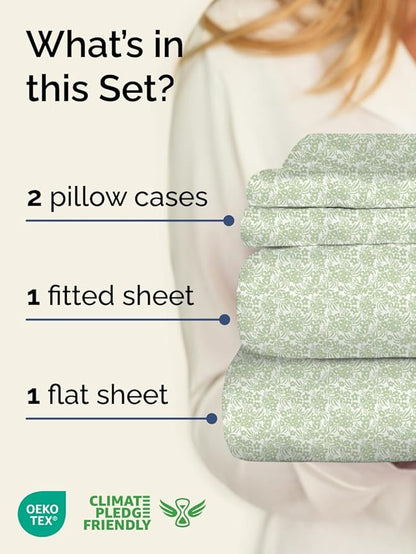 Floral Sheets - Green Flower Bed Sheet Set - 1 Flat, 1 Fitted & 2 Pillowcases w/ Deep Pockets - Comfy, Wrinkle & Fade Free - Boho Botanical Bedding - Soft, Breathable amd Cooling - Cal King Size Set