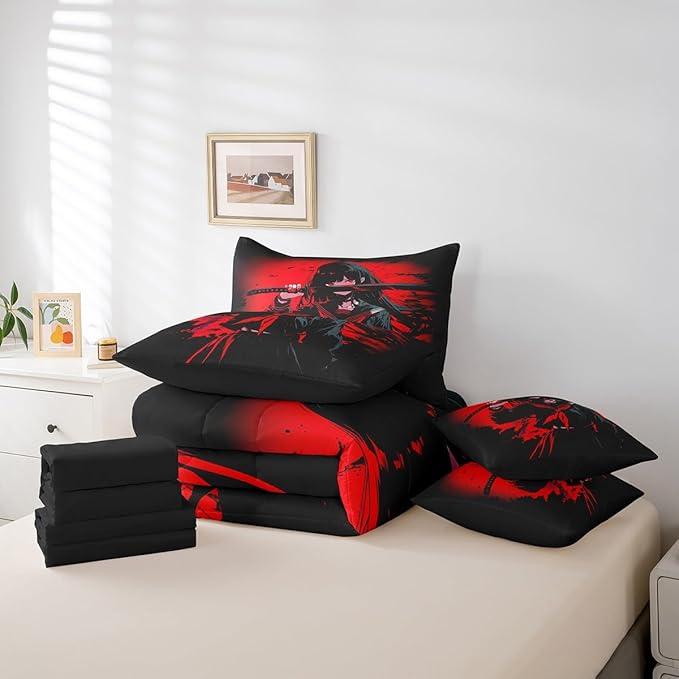 Erosebridal Japanese Anime Bedding Set 7 Piece for Kids, Anime Girl Comforter Sets Queen Size Japanese Girl Sheet Set for Girls Teens Adult, Kawaii Animation Red Black Bed in A Bag, Machine Washable