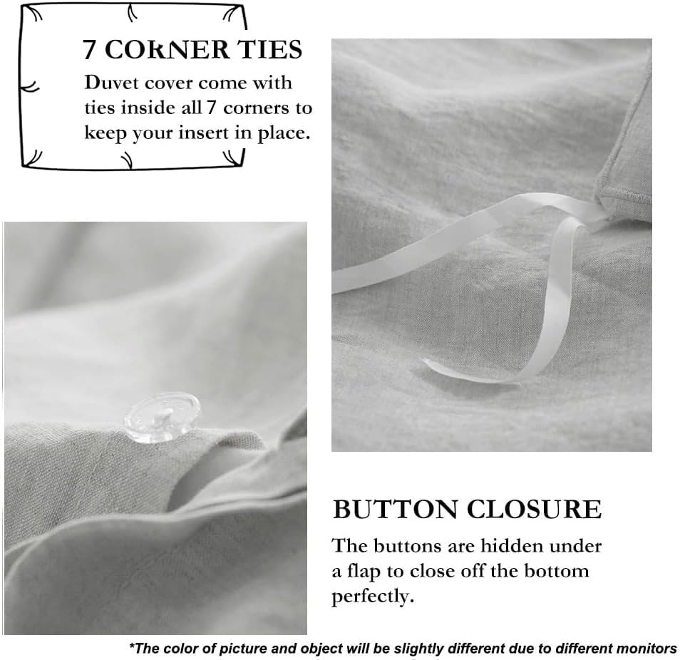 Simple&Opulence 100% French Flax Linen Duvet Cover Set with Embroidery Washed - 3 Pieces (1 Duvet Cover with 2 Pillow Shams) with Button Closure Soft Breathable Farmhouse - Light Grey, King Size