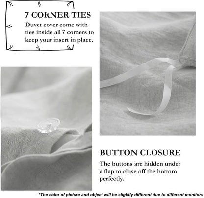 Simple&Opulence 100% French Flax Linen Duvet Cover Set with Embroidery Washed - 3 Pieces (1 Duvet Cover with 2 Pillow Shams) with Button Closure Soft Breathable Farmhouse - Light Grey, King Size